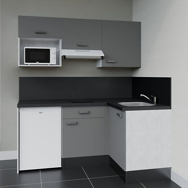 Kitchenette KA03 façades Gris - Plan de travail Noir texturé - Crédences : Oui - Evier inox - Electroménager Blanc inclus