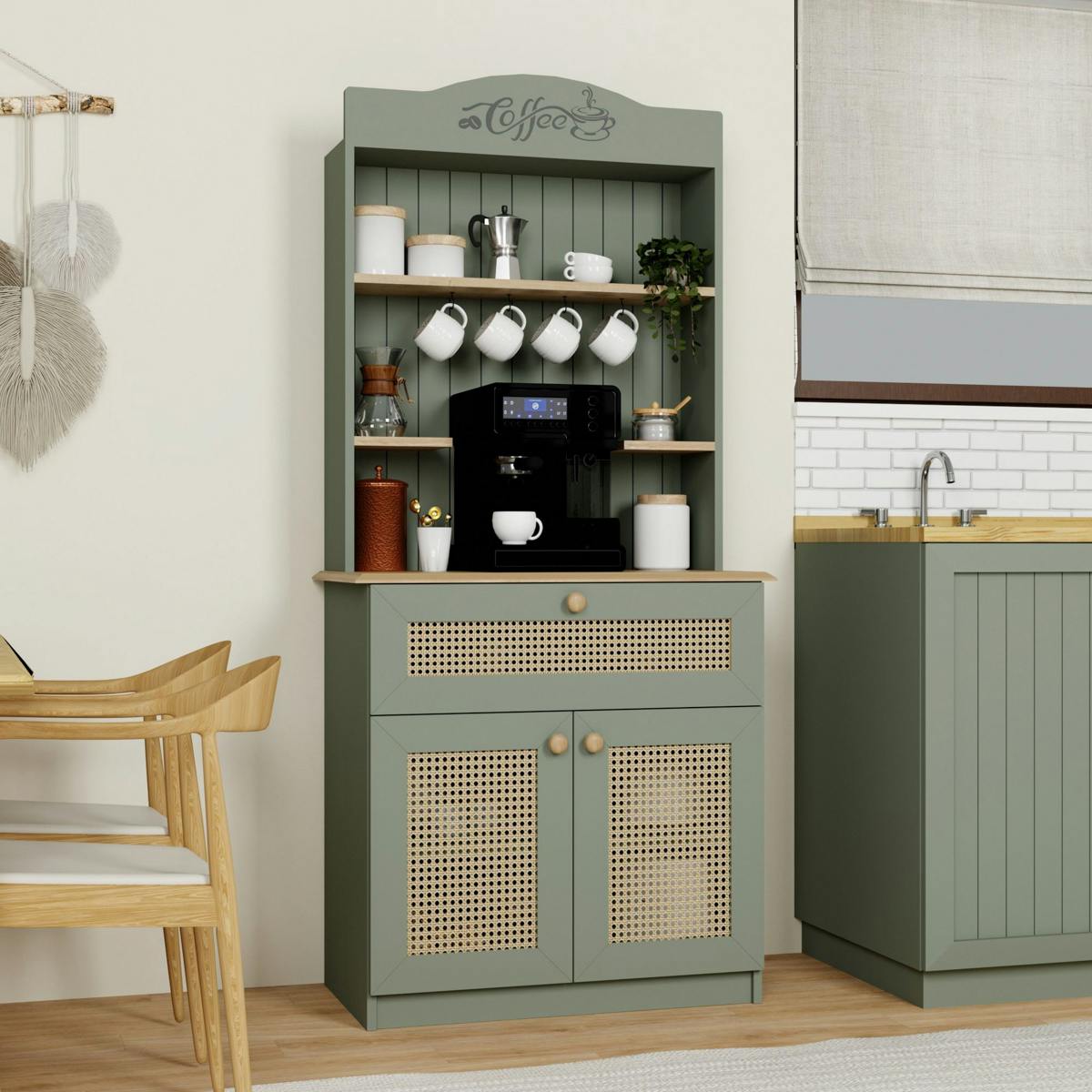 Vaisselier de cuisine vert sauge, cannage & niche café VAREN