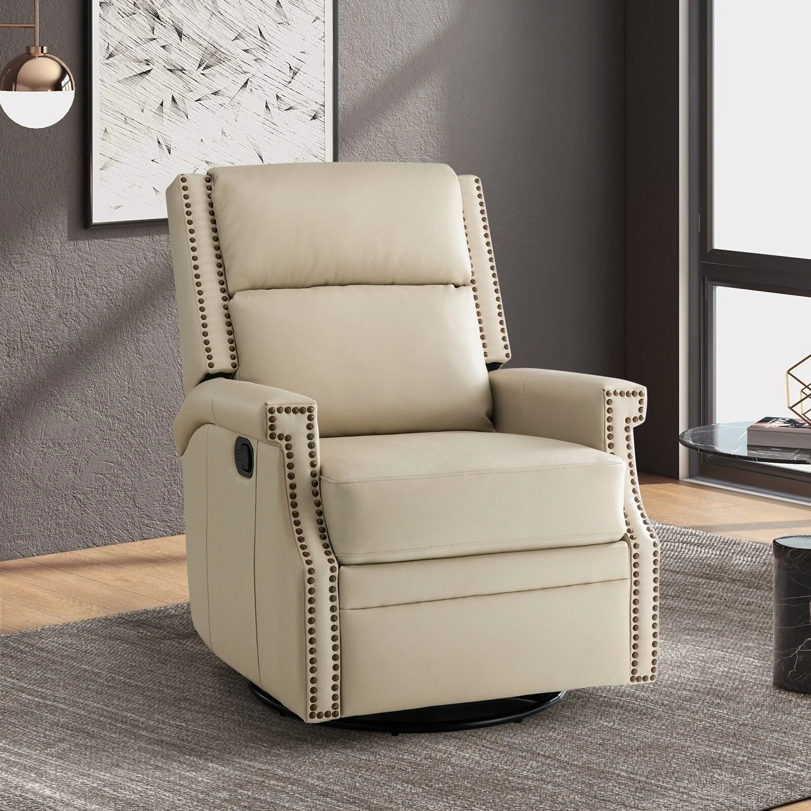Echidna Transitional Genuine Leather Swivel Rocker Nursery Chair with Nailhead Trim by HULALA HOME
