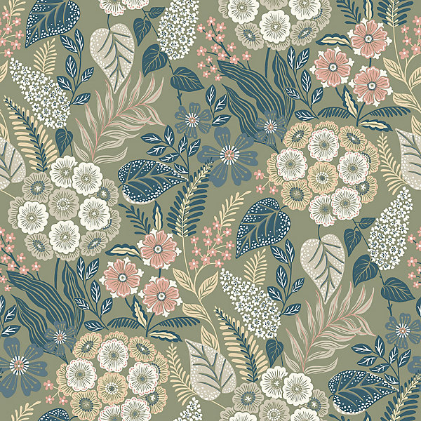 Papier peint vinyle intissé fleuri Alice vert kaki L.1005 x l.53cm Grandeco