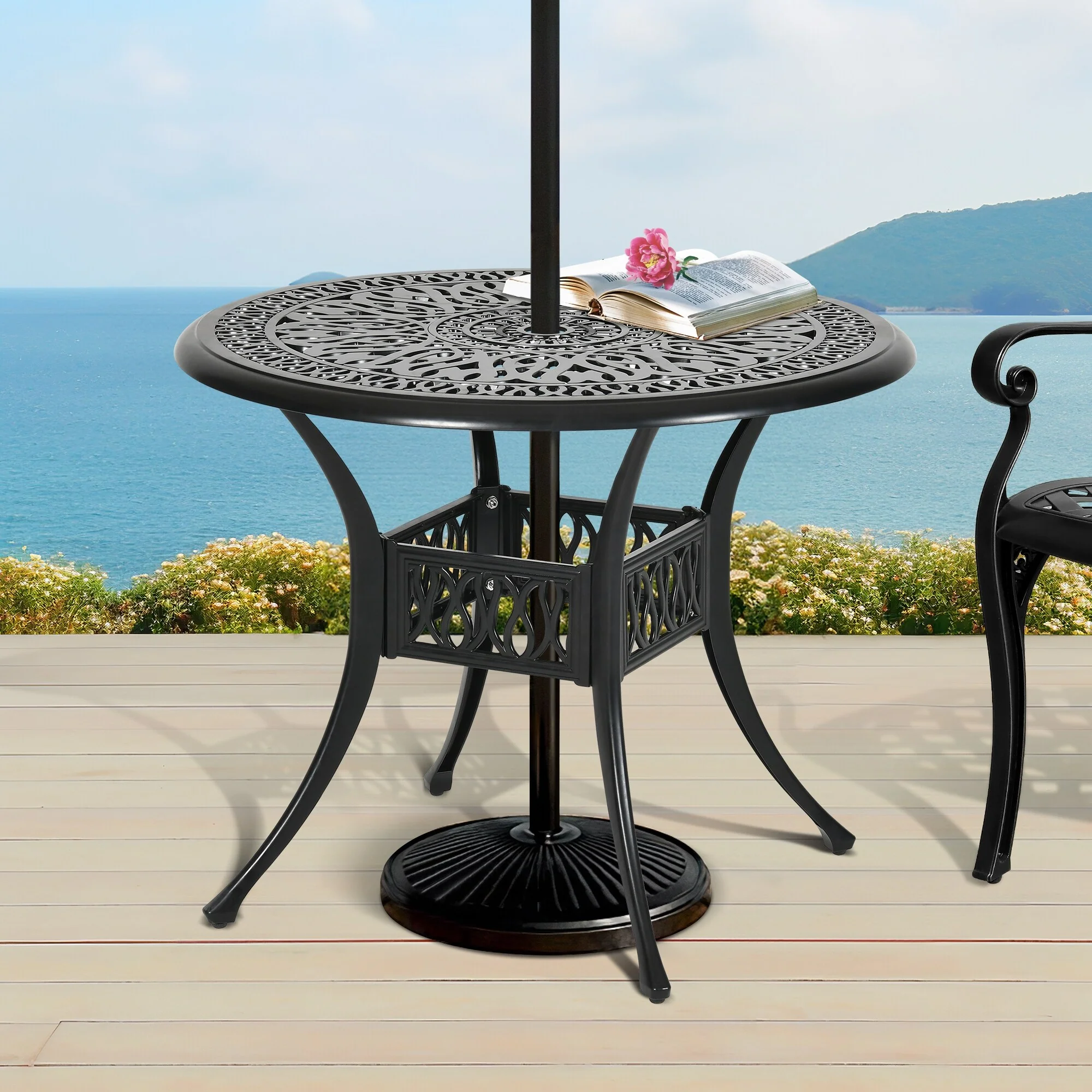 Moasis 35.4 Outdoor Patio Round Antique Cast Aluminum Dining Table with Umbrella Hole