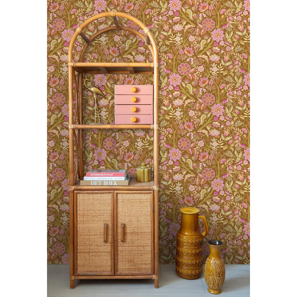 ESTAhome behang vintage bloemen groen en fuchsia roze - 50 x 900 cm