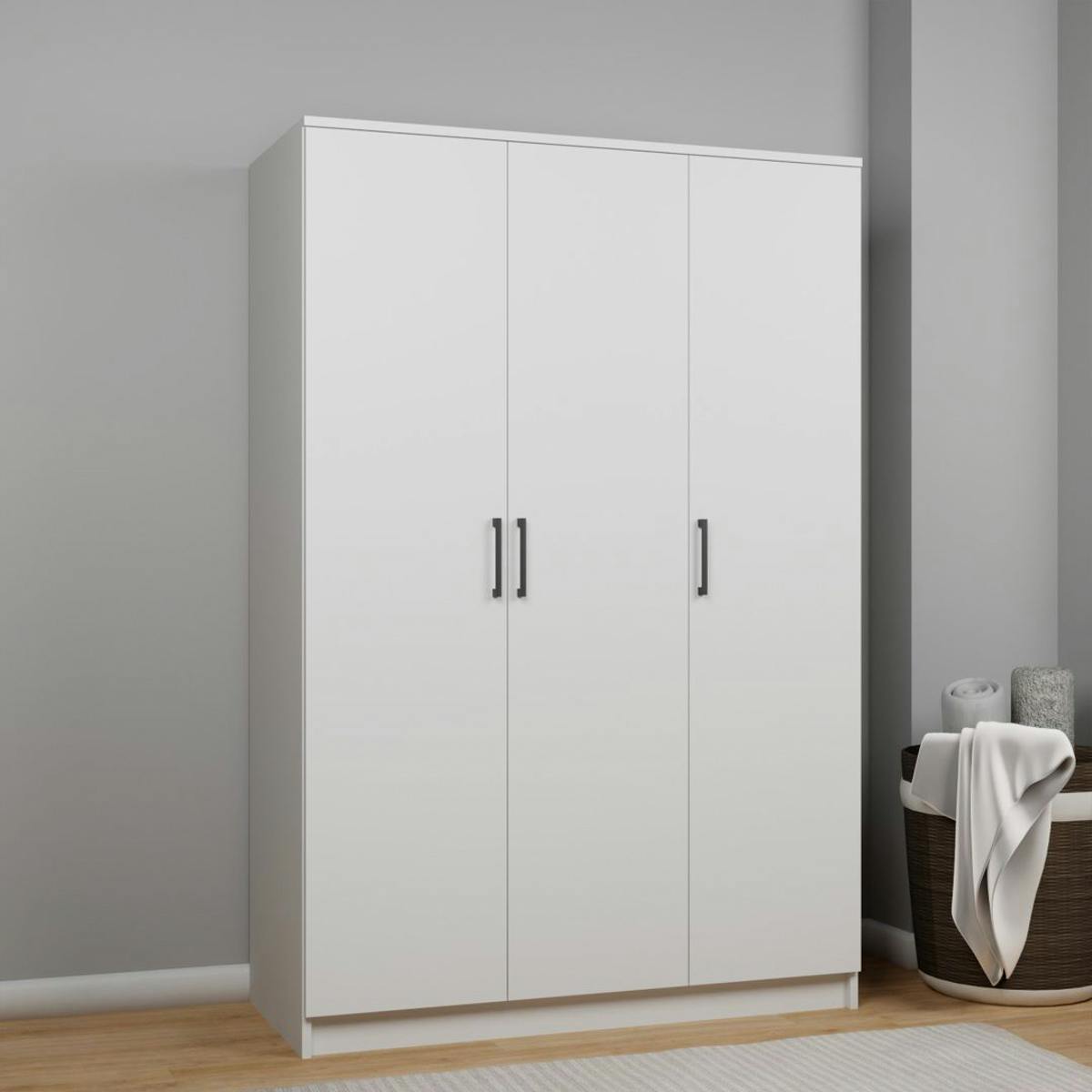 Grande armoire penderie blanche 3 portes 5 étagères BYRON