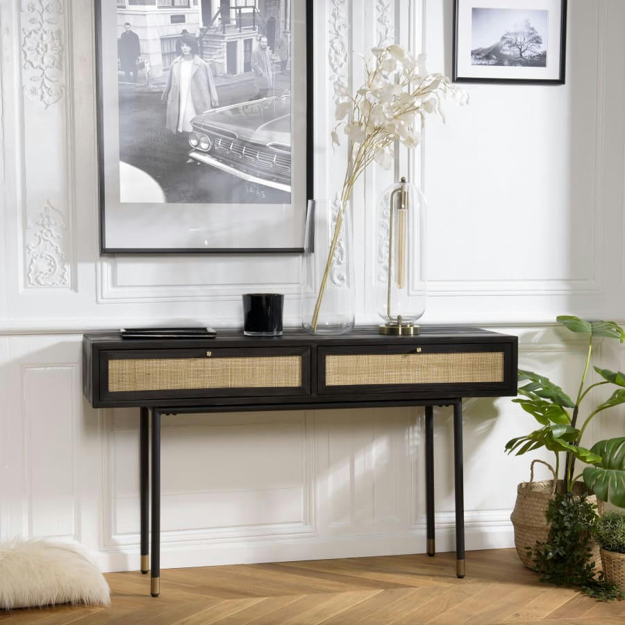 YANIS - Console noir 2 tiroirs cannage