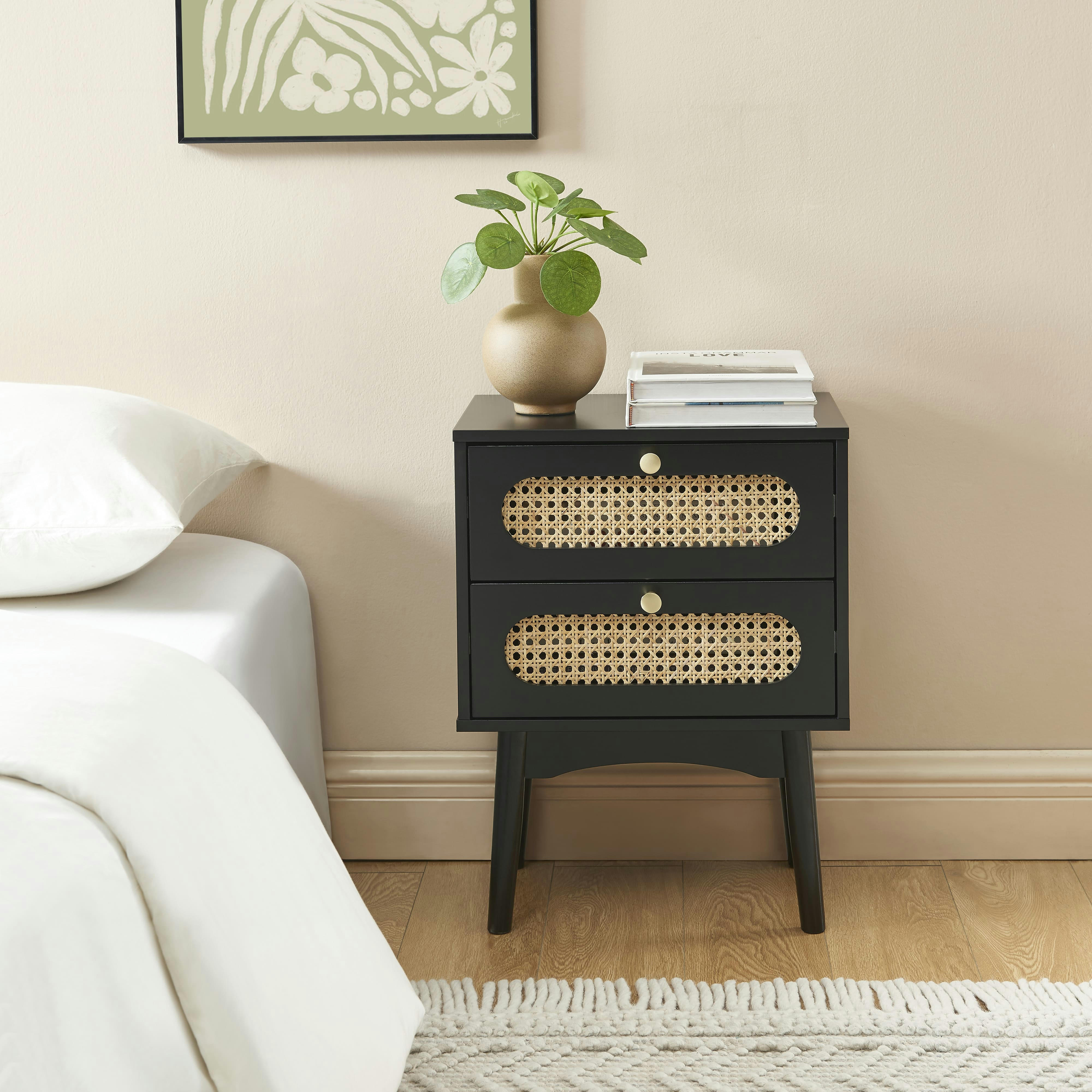 ANATOLE - Table de chevet  noir et cannage rotin