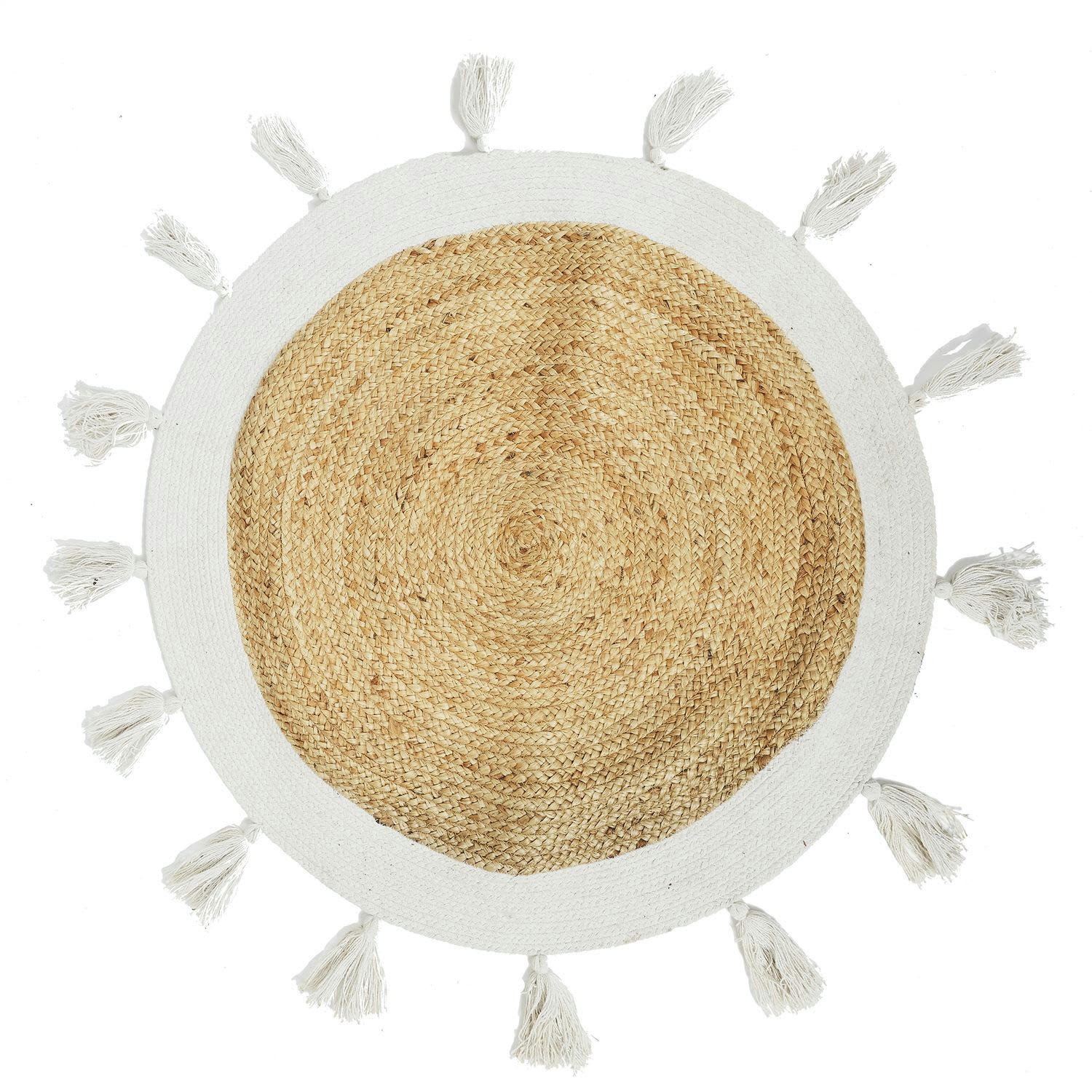 - Tapis rond à pompons en jute d. 90 cm blanc
