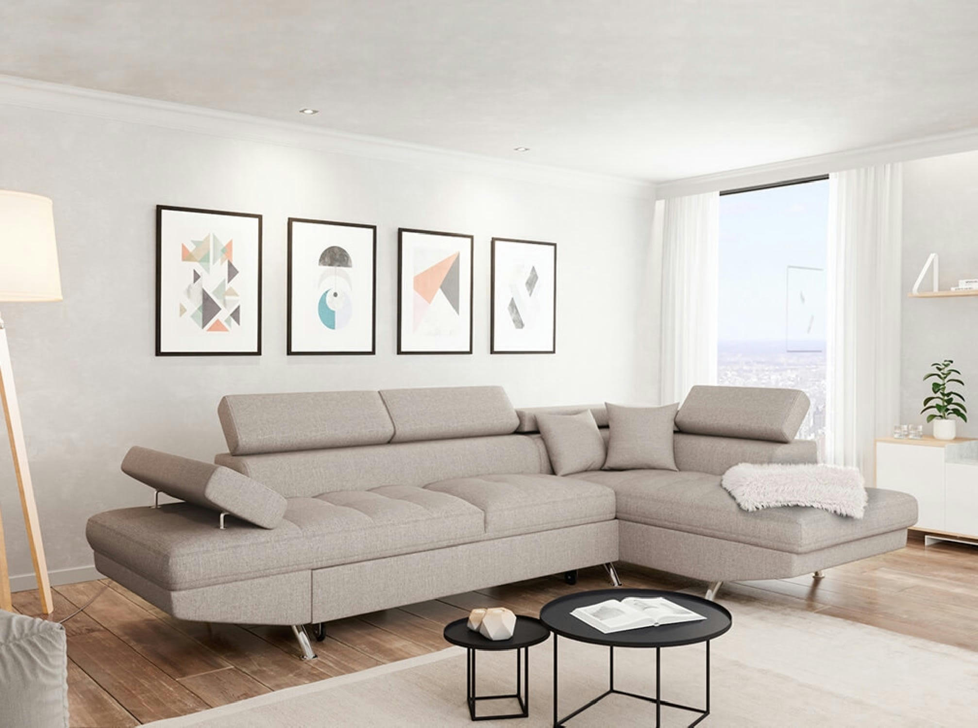 RIO - Canapé angle droit convertible avec coffre en tissu - Beige