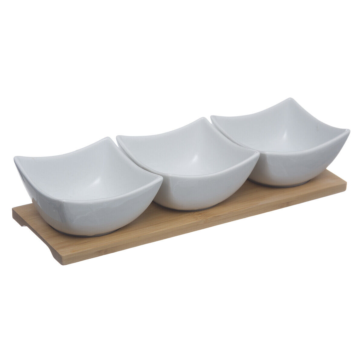 Conjunto de 3 taças em porcelana com tábua de bambu