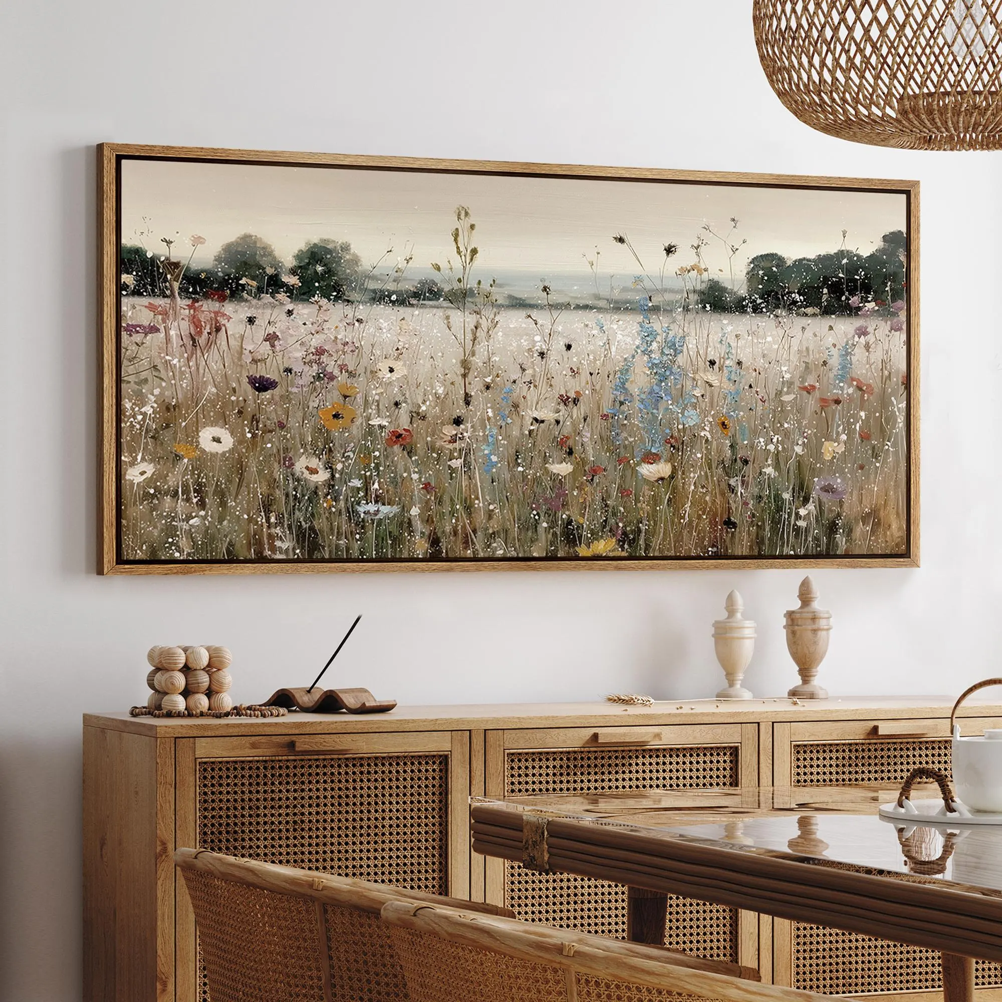 Wildflower Field Landscape Wall Art, Large Framed Soft Impressionist Meadow Canvas Print, Nature Decor for Cottagecore or Modern Farmhouse