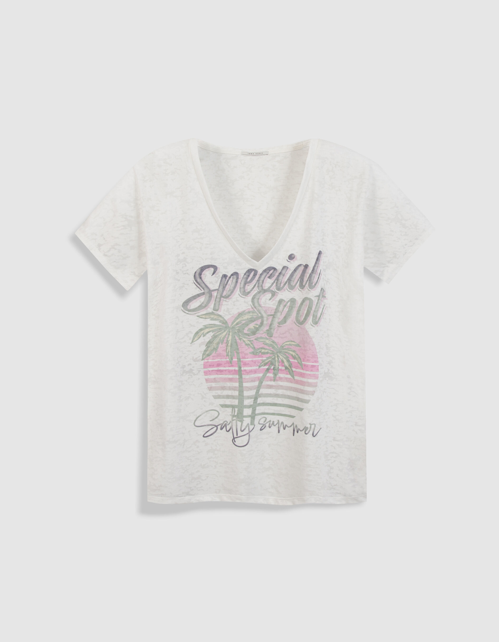 Tee-shirt col V blanc visuel palmiers et messages Femme