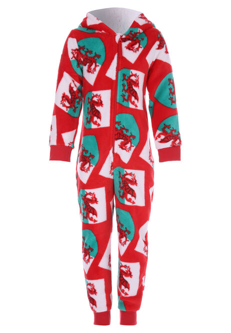 Boys Red Wales Fleece Hooded Onesie