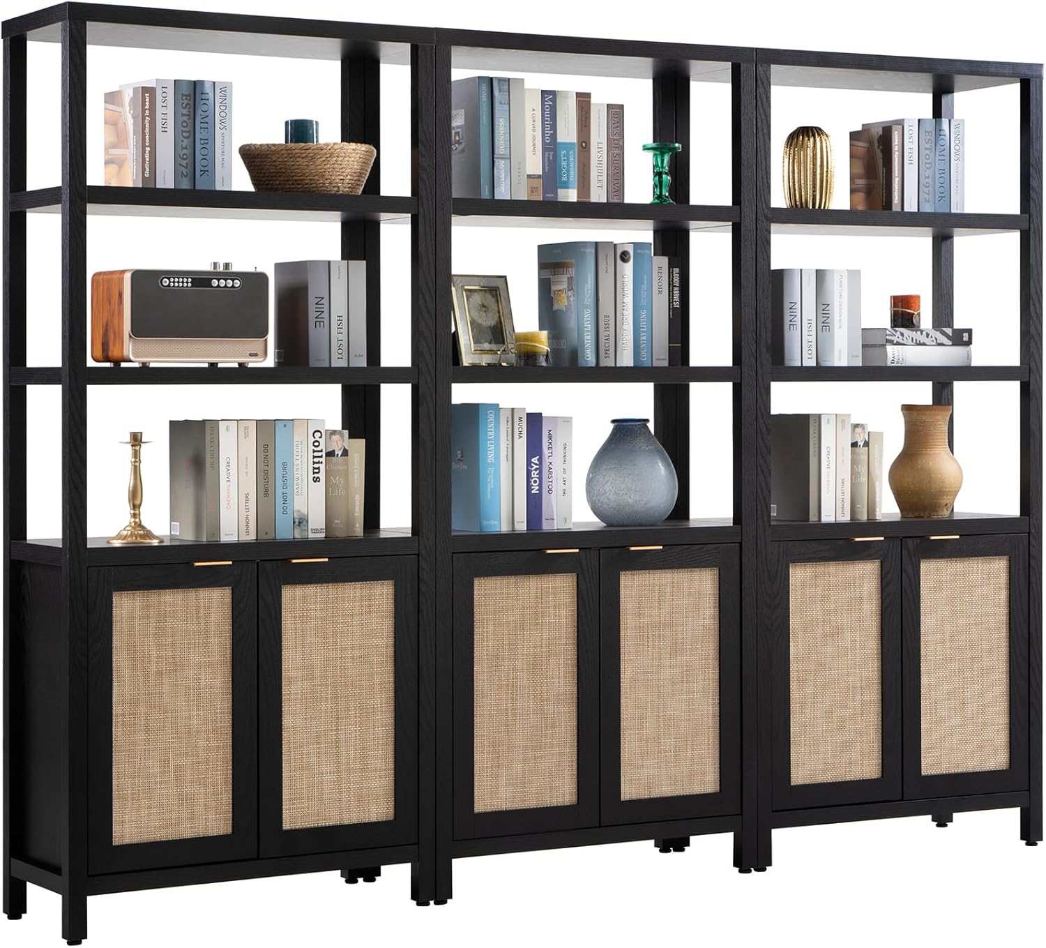 SICOTAS Bookshelf 5 Tier Book Shelf Rattan Boho 71 Tall Bookcase with Doors Storage Shelves Large Bookshelves Farmhouse Bookcases Library Book Case for Living Room Bedroom Home Office Kitchen