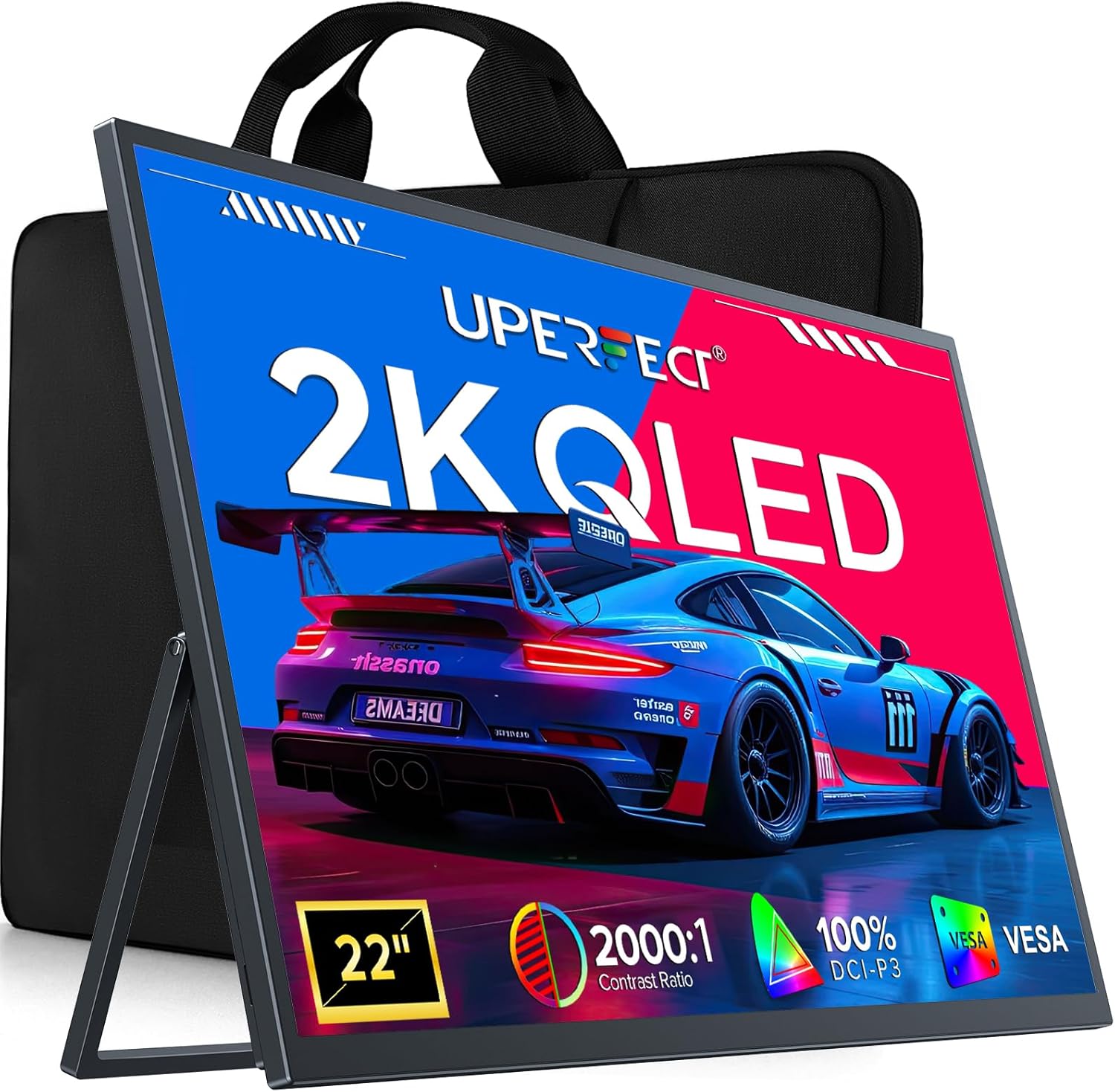 UPERFECT 22 Portable Monitor 2K QLED w/VESA & 180° Adjustable Stand  2560×1440 QHD FreeSync HDR Gaming Display  USB-C HDMI Travel Second Monitor for Laptop  Phone  PC & Gaming Consoles
