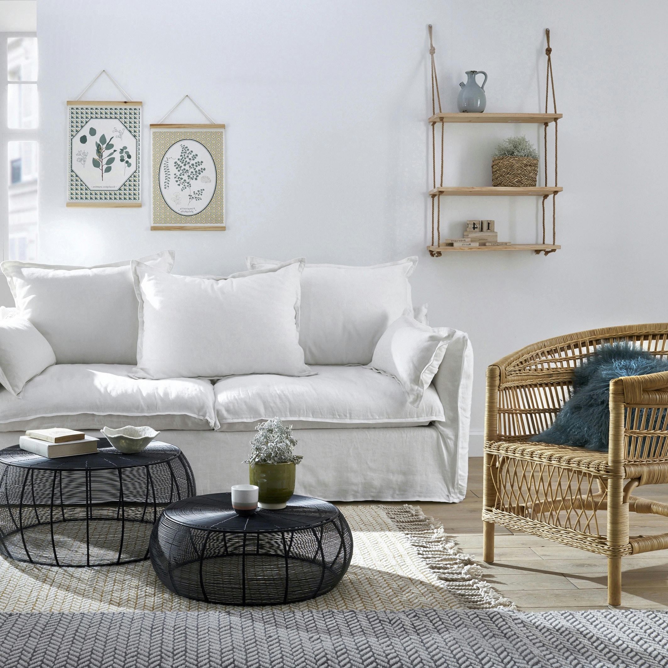 Etagère murale double en pin et sisal L60cm, Mareo