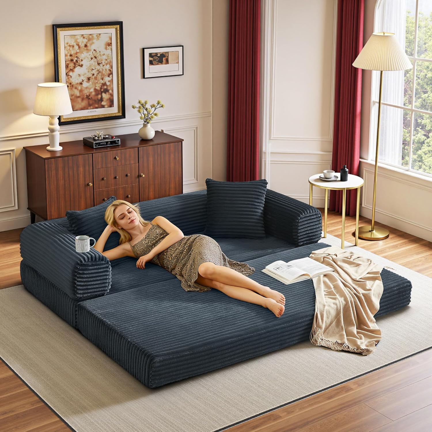 Boneless Couch Futon Sofa Bed Sectional Couches for Living Room,Cloud Couch with Sleeper Sofa,Sofas for Living Room Oversized Corduroy Upholstered (Gray, 76 Inches (No Iron Frame))