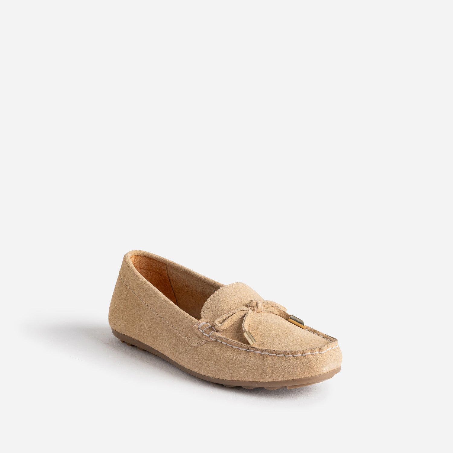 Mocassin beige cuir velours petit nœud