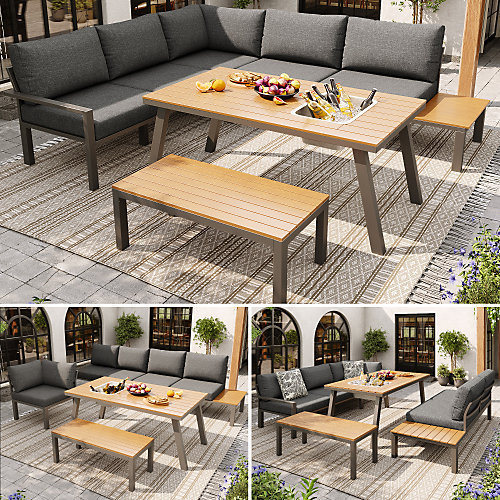 Ensemble de salle à manger de jardin pour 6-7 personnes - structure en fer galvanisé - 1 table et seau à glace - Gris