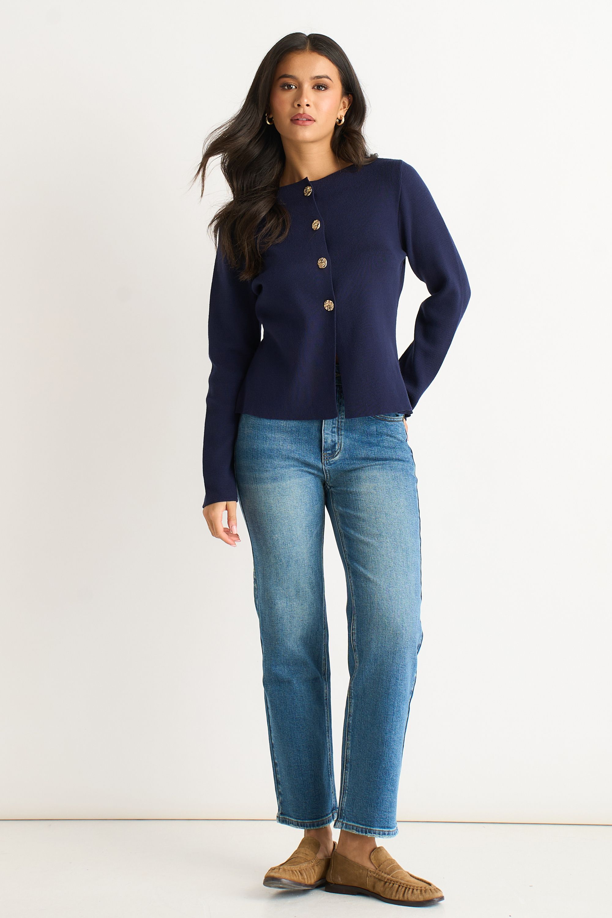 Gini London Navy Button Front Compact Knit Cardigan