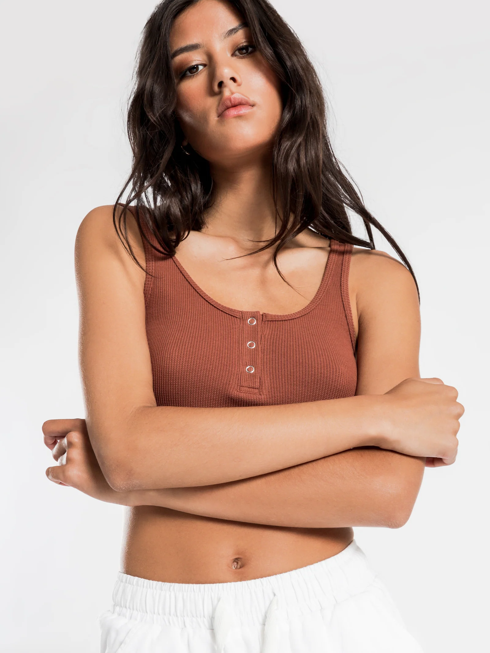 Jade Button Front Waffle Tank