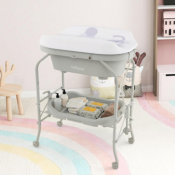 Baignoire bébé pliable Table à Langer avec rangement à roulettes Gris clair