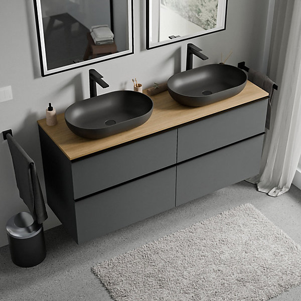 Meuble sous vasque suspendu MDF Anthracite mat, plan vasque Chêne miel, poignée Anthracite mat - 120x46x62cm - LAVOA