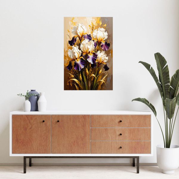 Plakat samoprzylepny do salonu Feeby Irysy Kwiaty na beżowym tle 20x30