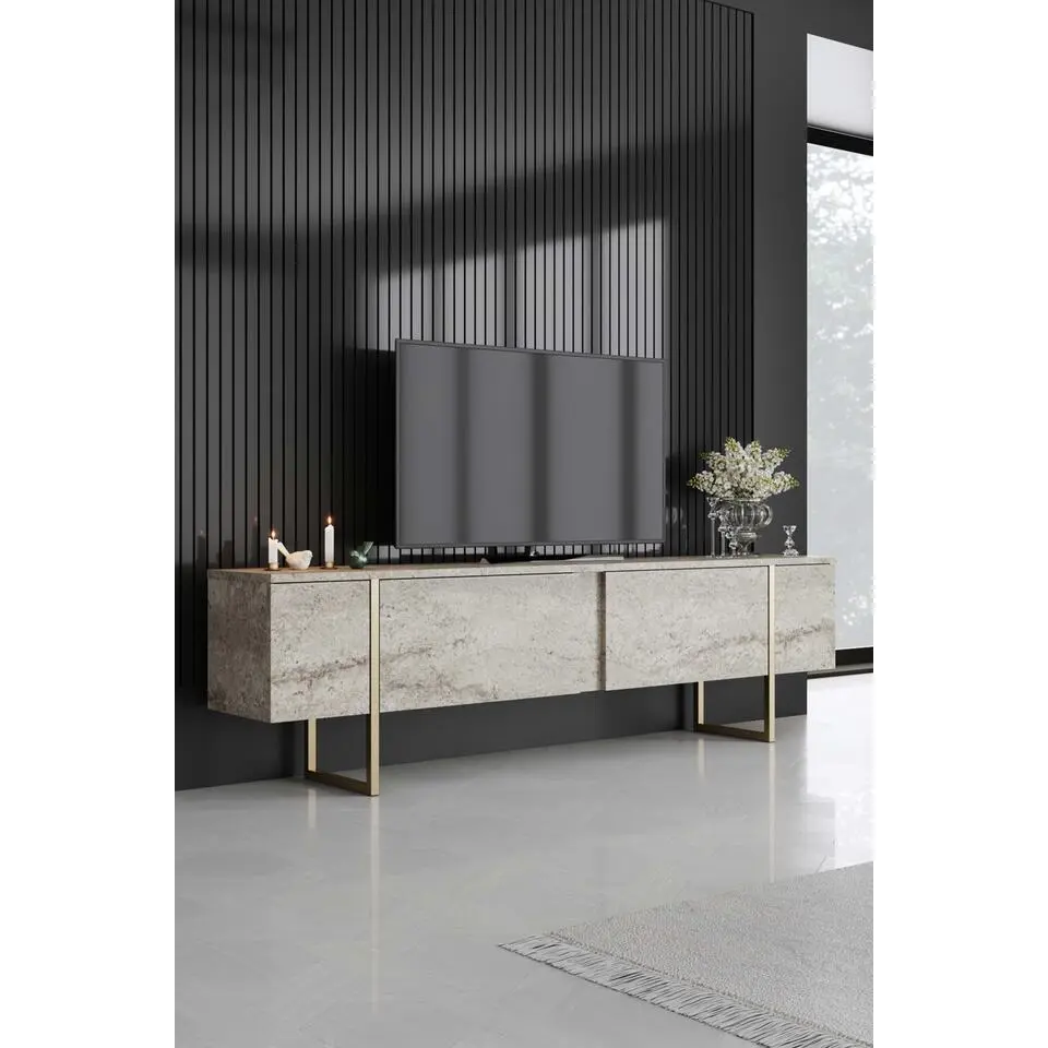 Luxe TV-meubel - 100% MELAMINE - Travertin, Goud