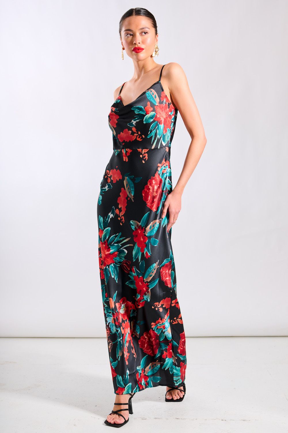 Needs No Label Red Floral Cowl Neck Satin Maxi Dress