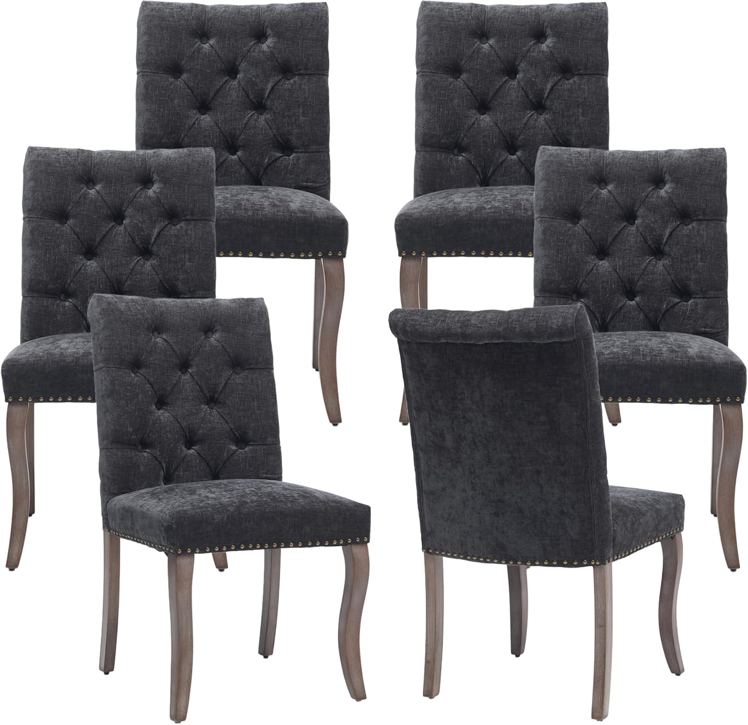 Upholstered Tufted Chenille Dining Side Chairs, Armless Nailhead Trim Chairs with Solid Wood Legs, Modern Farmhouse Chairs for Dining Room, Kitchen & Living Room (Set of 6, Charcoal Gray)