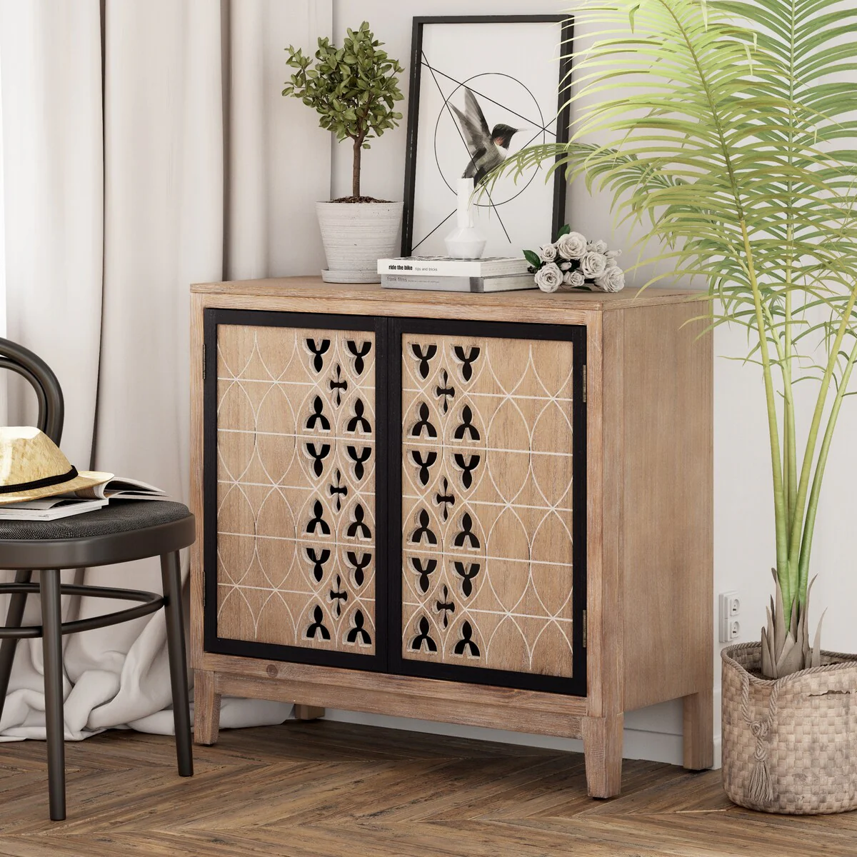 COZAYH Farmhouse 2-Door Storage Cabinet with Hollow Pattern Carving Front, Accent Sideboard Wood Buffet Cabinet