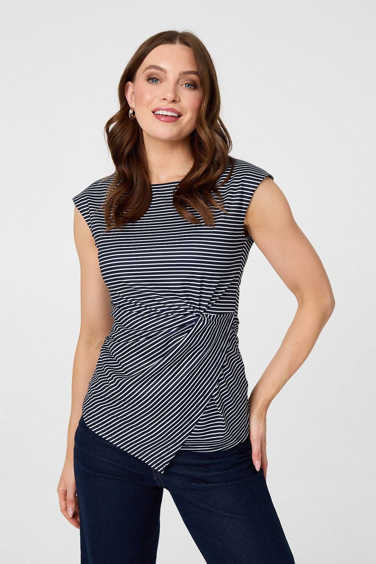 Izabel London Striped Ruched Cap Sleeve Asymmetric Top