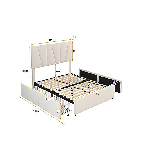 Lit Double Rembourré Velours 140x200cm Beige   Sommier à Lattes avec Cadre de lit Métal   Tête Réglable Chambre