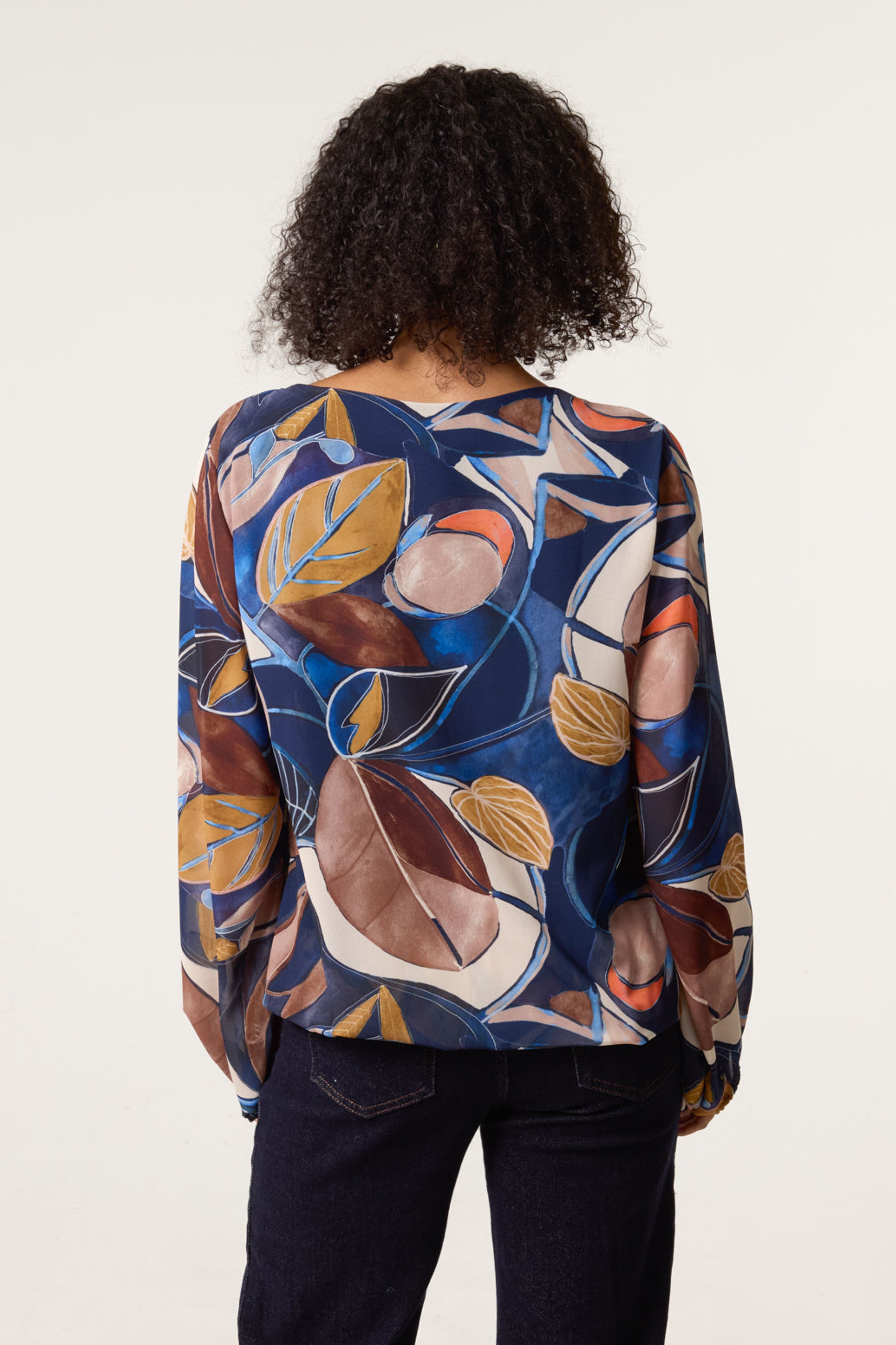 Blue Vanilla Multi Abstract Print Scoop Neck Puffball Blouse