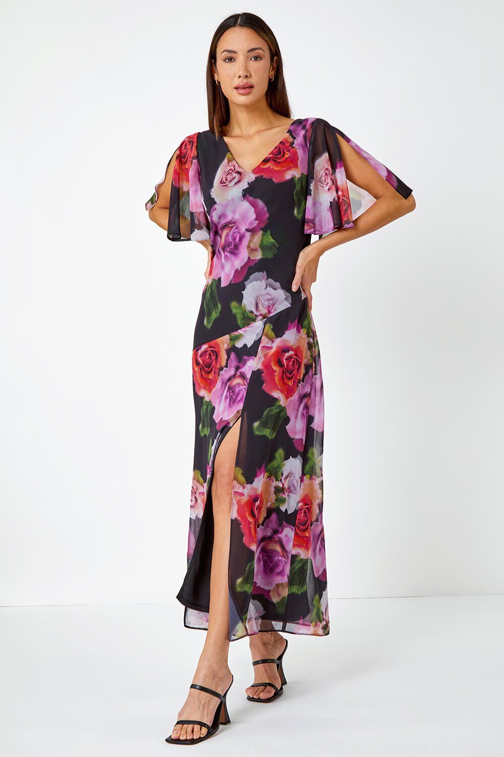 Roman Floral Print Chiffon Tie Back Maxi Dress