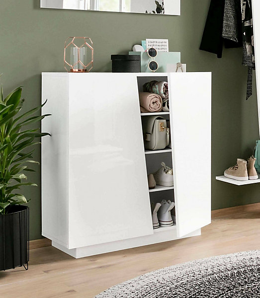 Meuble chaussures Dfogl, Armoire polyvalente avec 2 portes, Meuble chaussures d'entrée, 80x38h86 cm, Blanc brillant