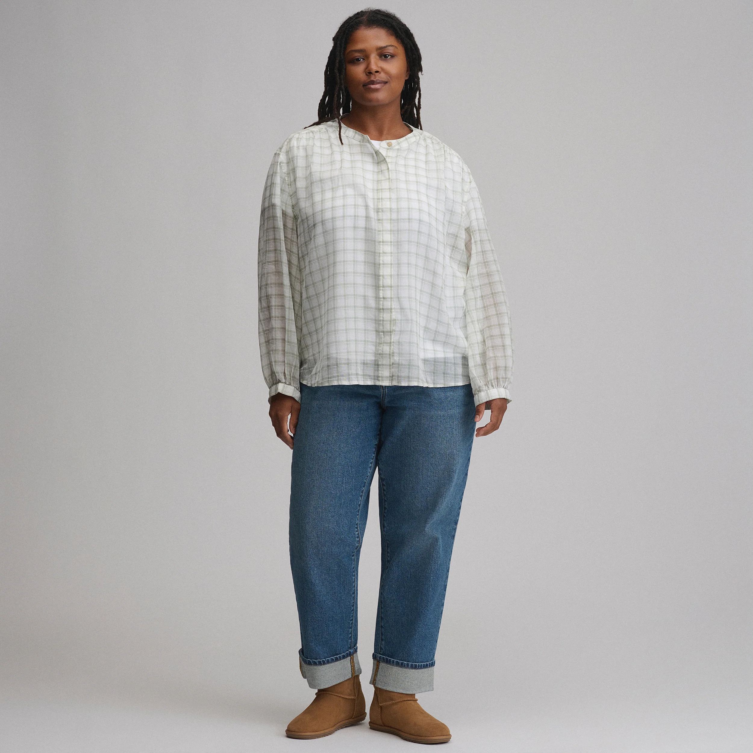 Women's Long-Sleeve Collarless Button-Down Shirt