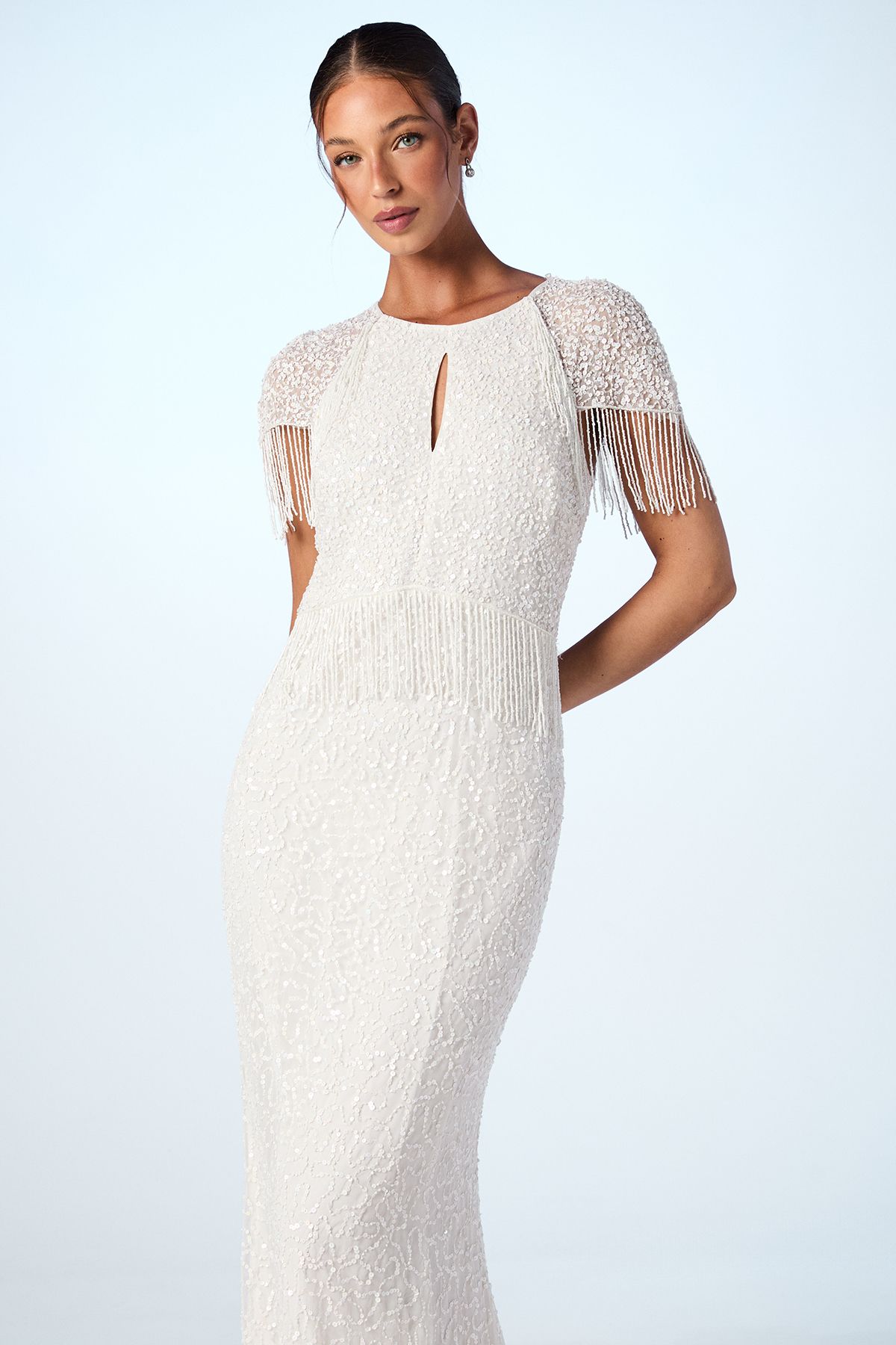 Coast Fringe Embellished Cape Wedding Dress