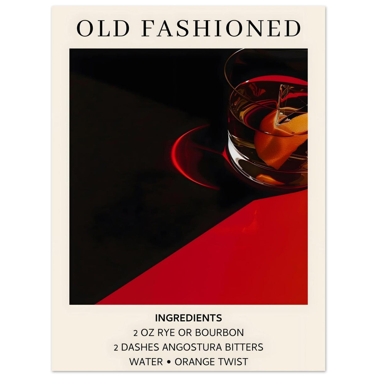 Artfulprints Poster Old Fashioned cocktail - Ingrediënten  - 30x40 cm - Zwart