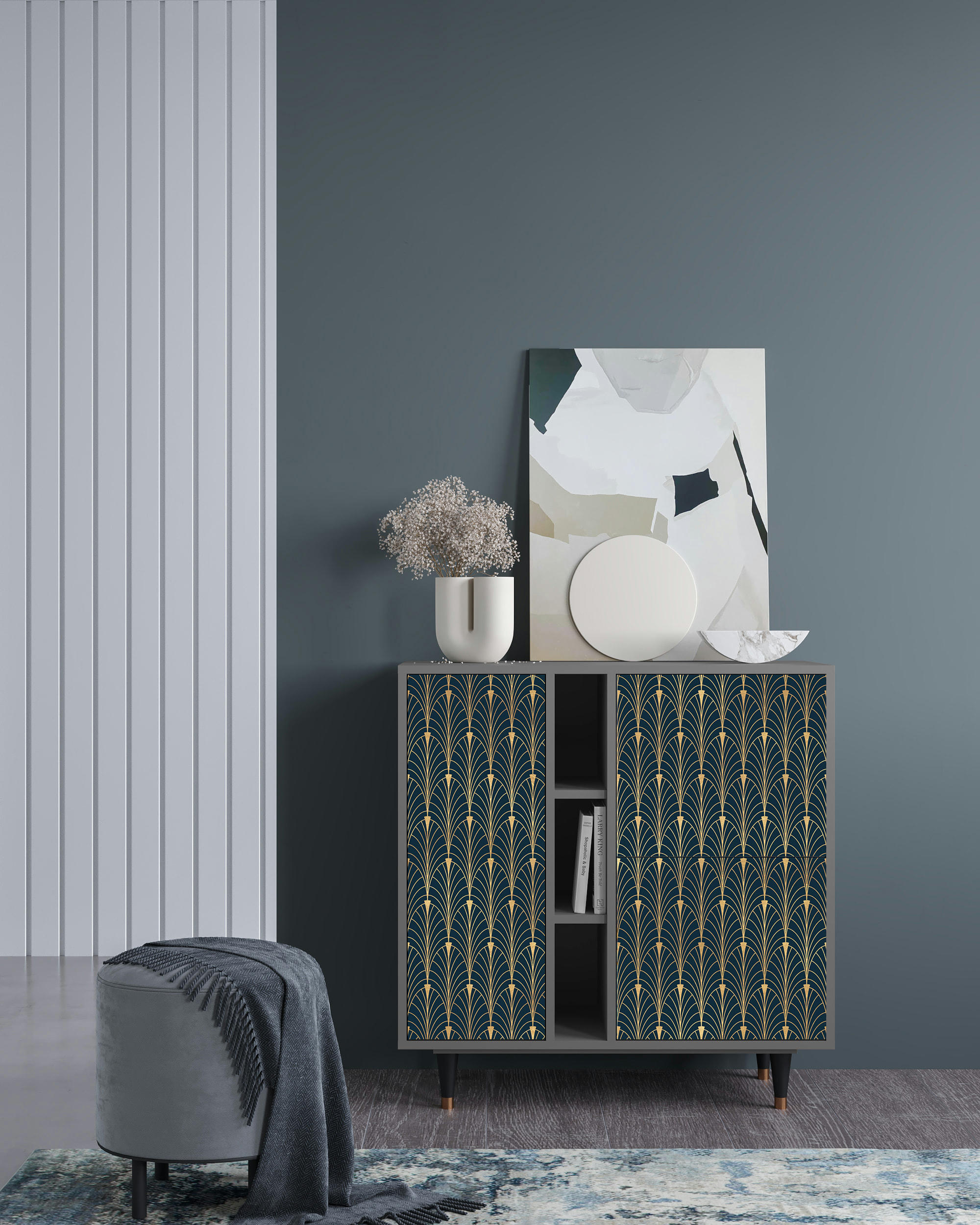 FLOWER OF THE NILE - Buffet  bleu et jaune 3 portes L 94 cm