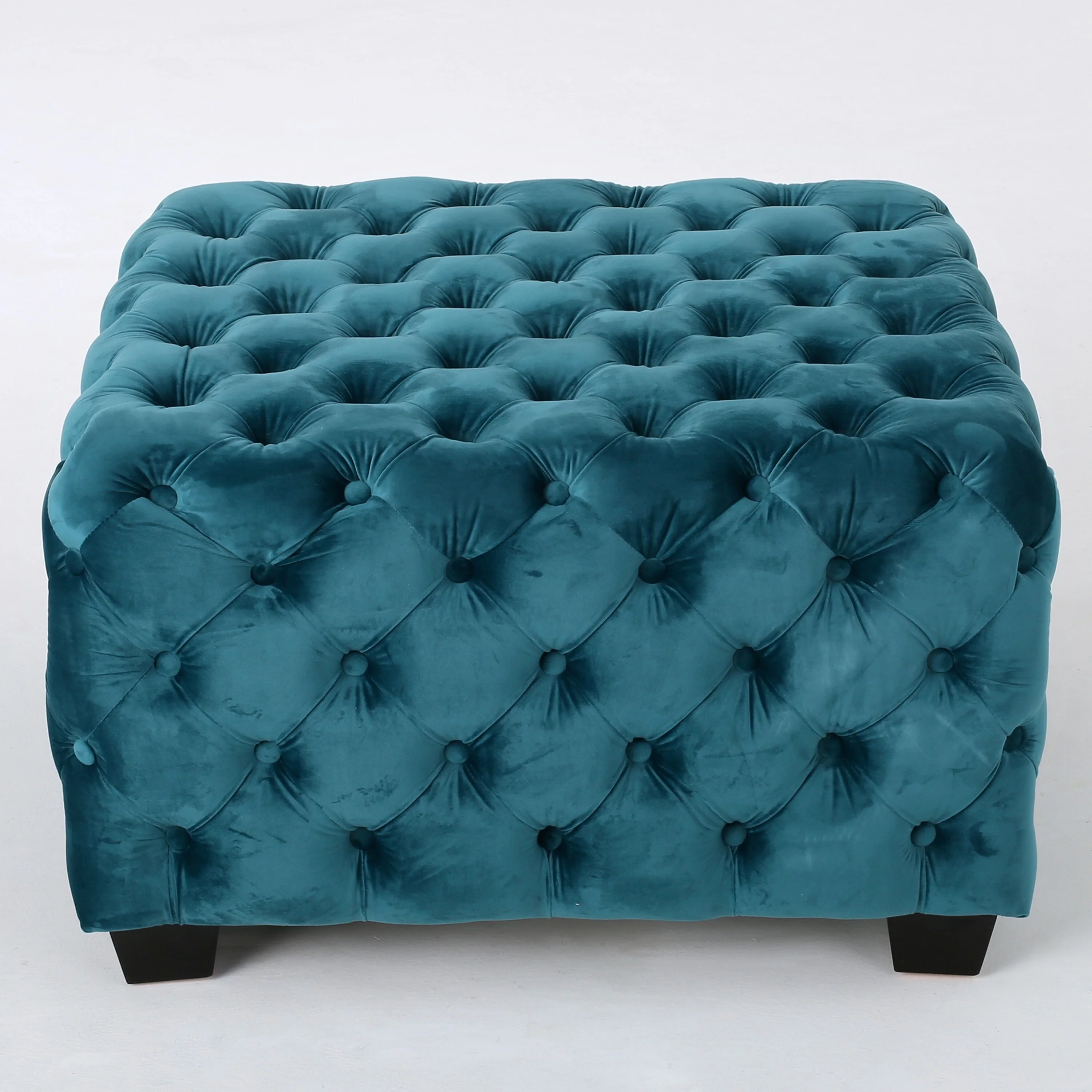 Velvet Ottoman - Teal Button-Tufted Diamond Stitch, 29 Square Modern Glam Footstool with Polyester Upholstery