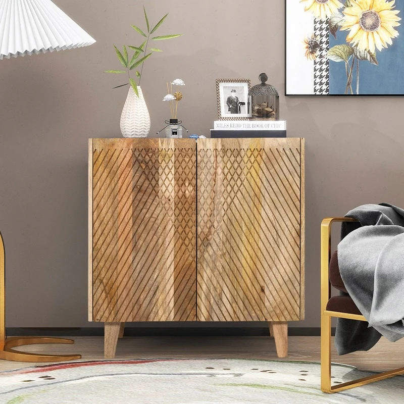 Rustic Solid Mango Wood Accent Buffet Cabinet with Fluted Door and Adjustable Shelf