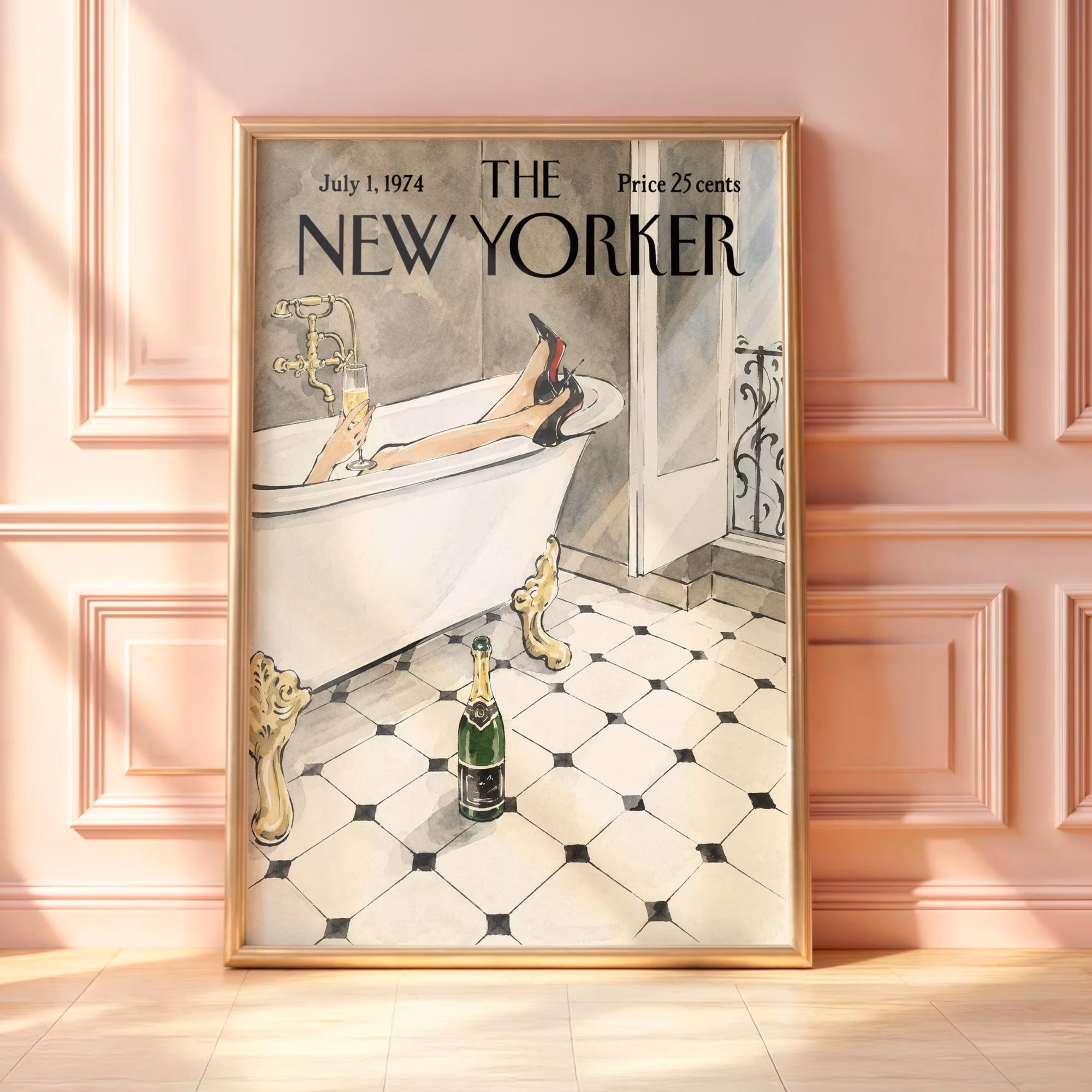 Vintage New Yorker Bathroom Poster, Chic Bathtub Wall Art, Paris Apartment Bathroom Print, Elegant Spa Decor, Magazine Cover