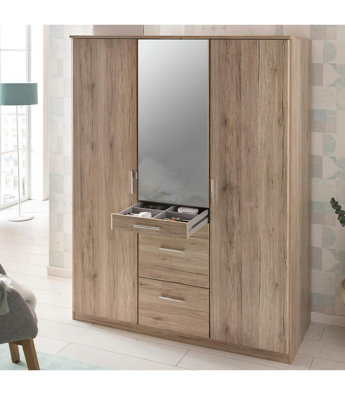 - Armoire 3 portes dont 1 miroir, 4 tiroirs - L135 cm