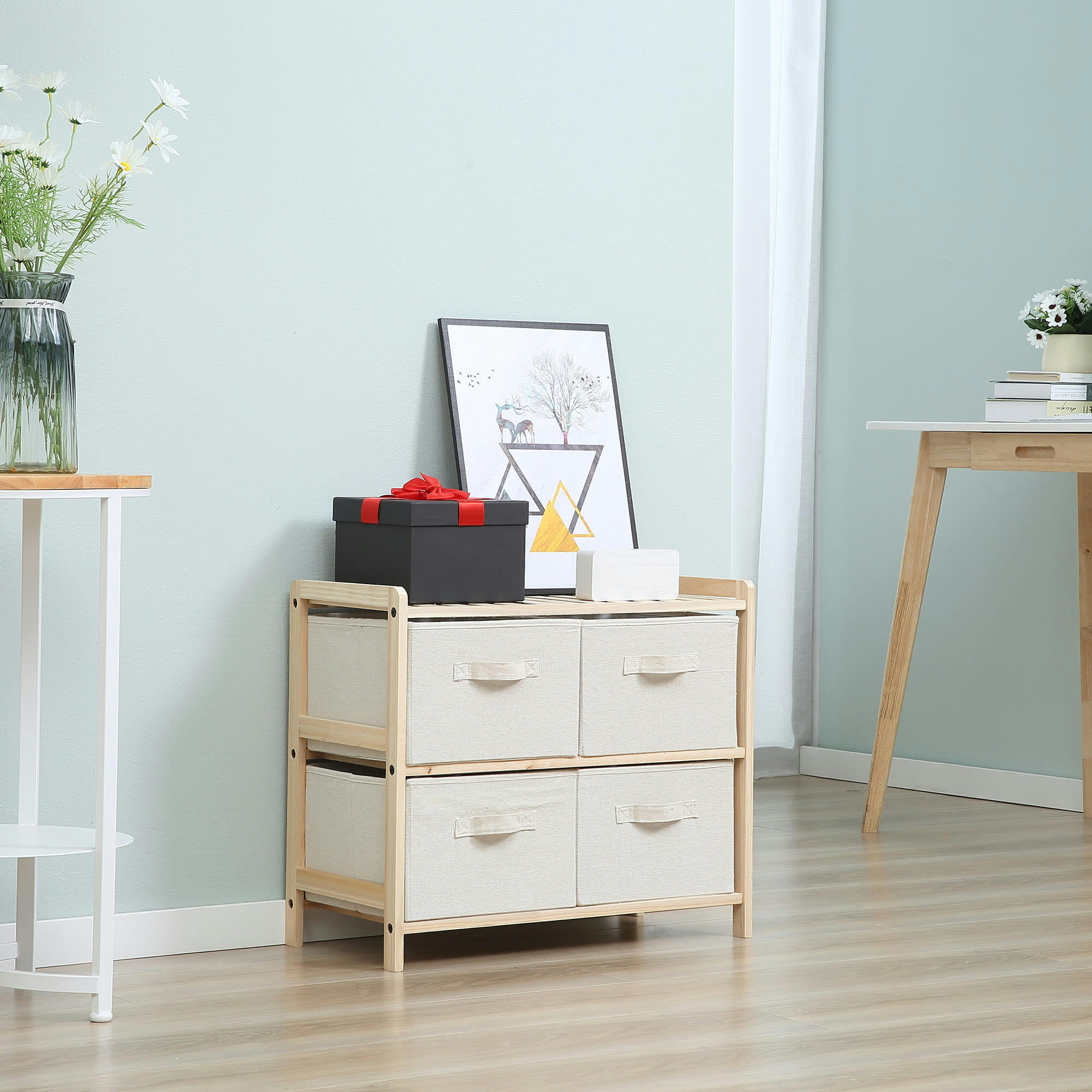 - Commode 4 tiroirs polyester beige dim. 59L x 28l x 50H cm bois sapin