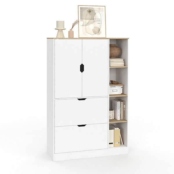 Meuble de rangement L. 80 cm NOUK pour bureau, chambre, entrée avec 3 portes et 2 tiroirs blanc et bois