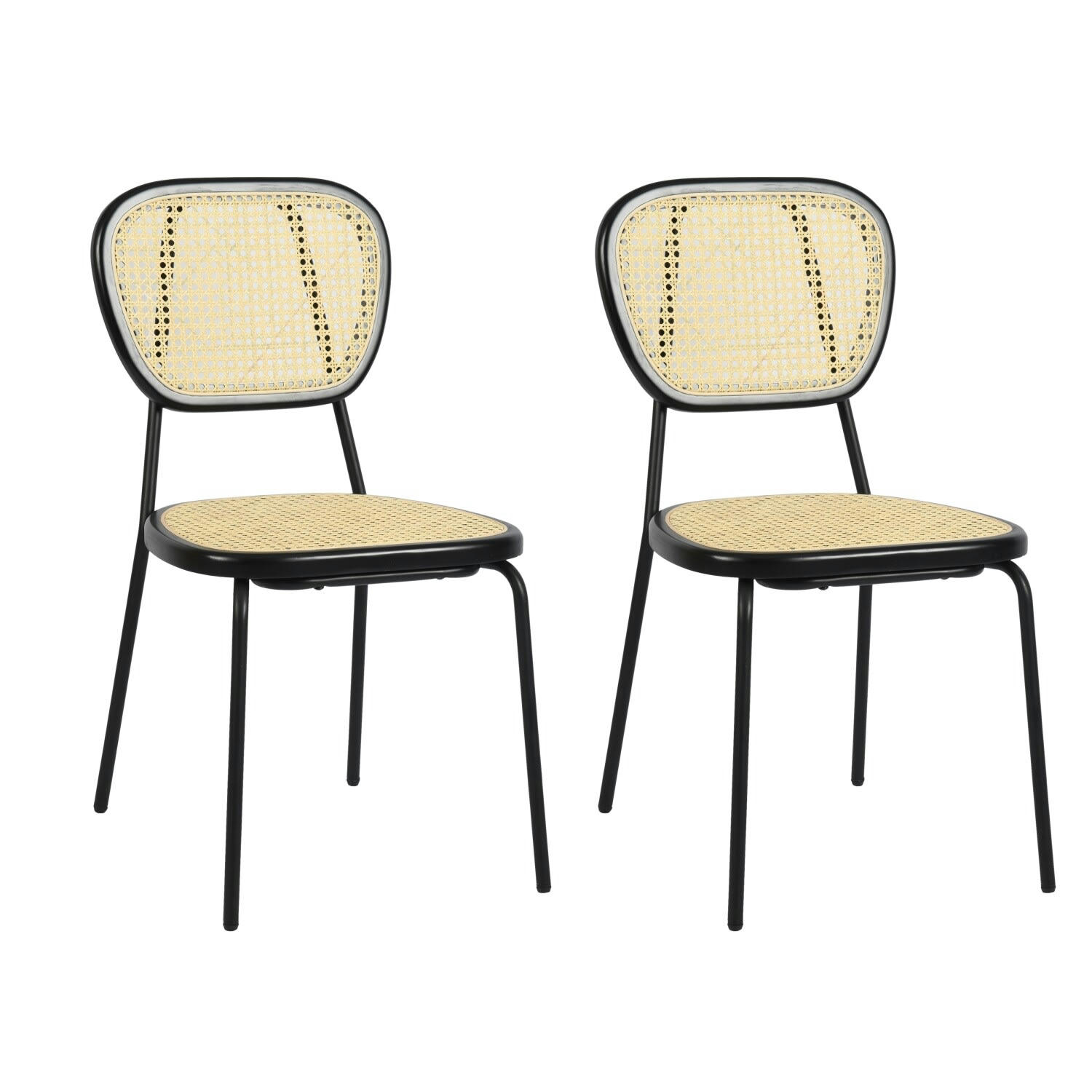 - Lot de 2 chaises assises et dossier cannage structure métallique noir
