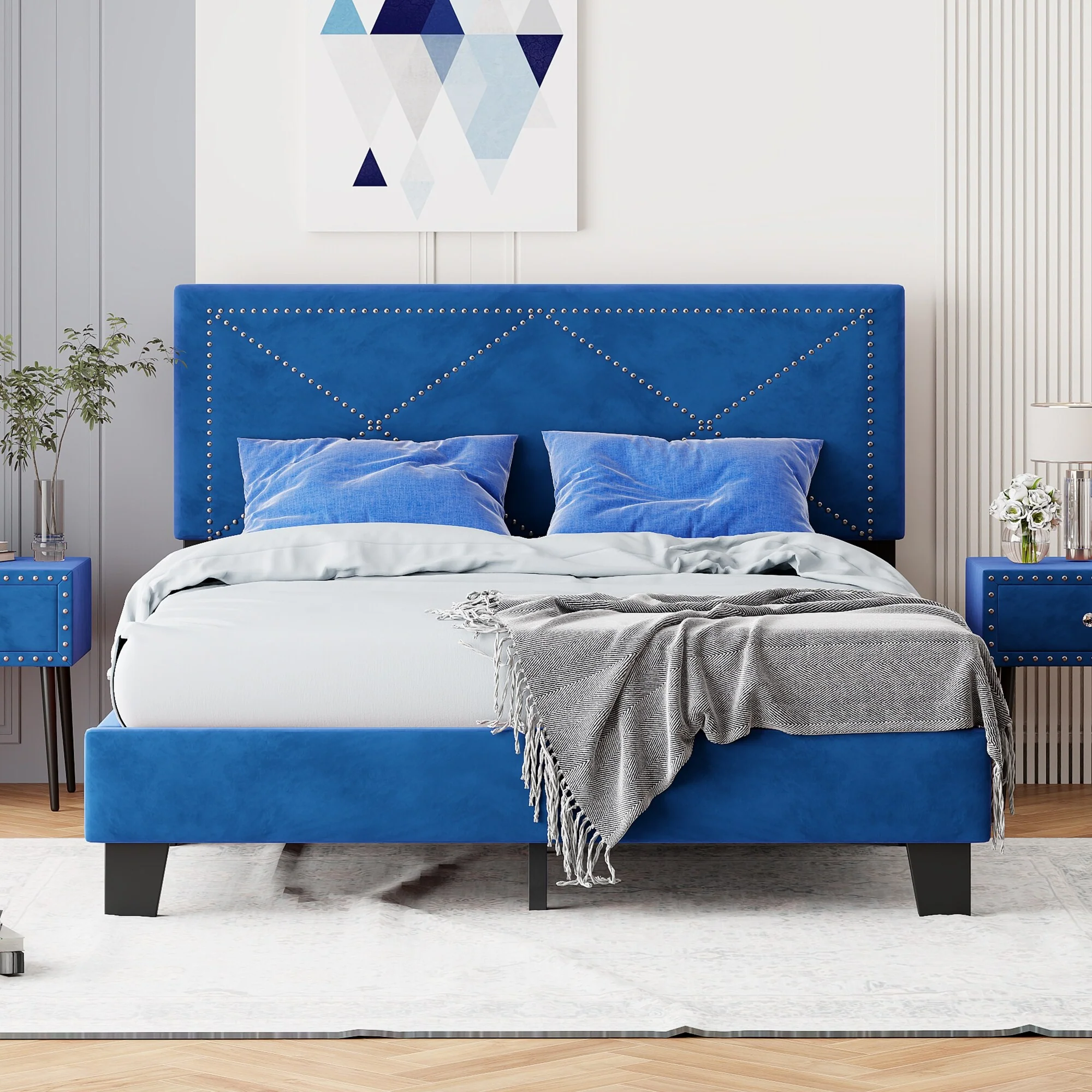 Modern Queen Upholstered Bed Frame with Velvet Headboard and Rivet Detail, Blue