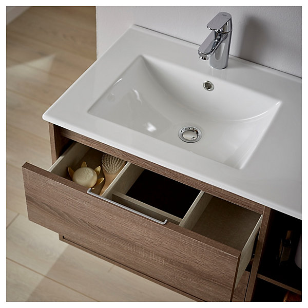 Meuble salle de bain - 80 cm - Plan décentré - Effet chêne foncé britannia - A suspendre - miroir et éclairage inclus - Venus