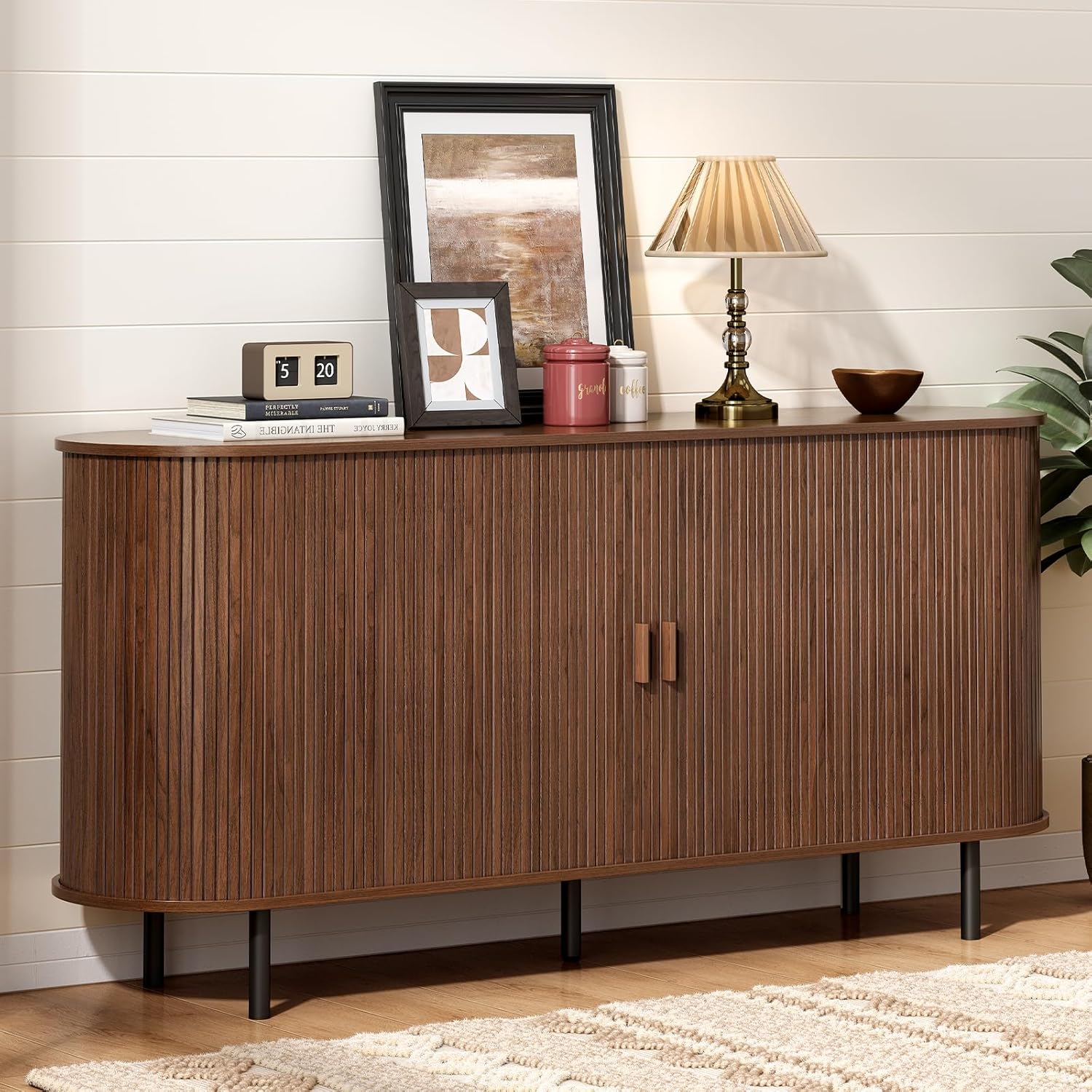 ONBRILL 63 Sideboard Buffet Cabinet with Storage, Storage Cabinet with Sliding Door & Adjustable Shelf, Modern Accent Coffee Bar Console Table for Kitchen, Entryway, Walnut