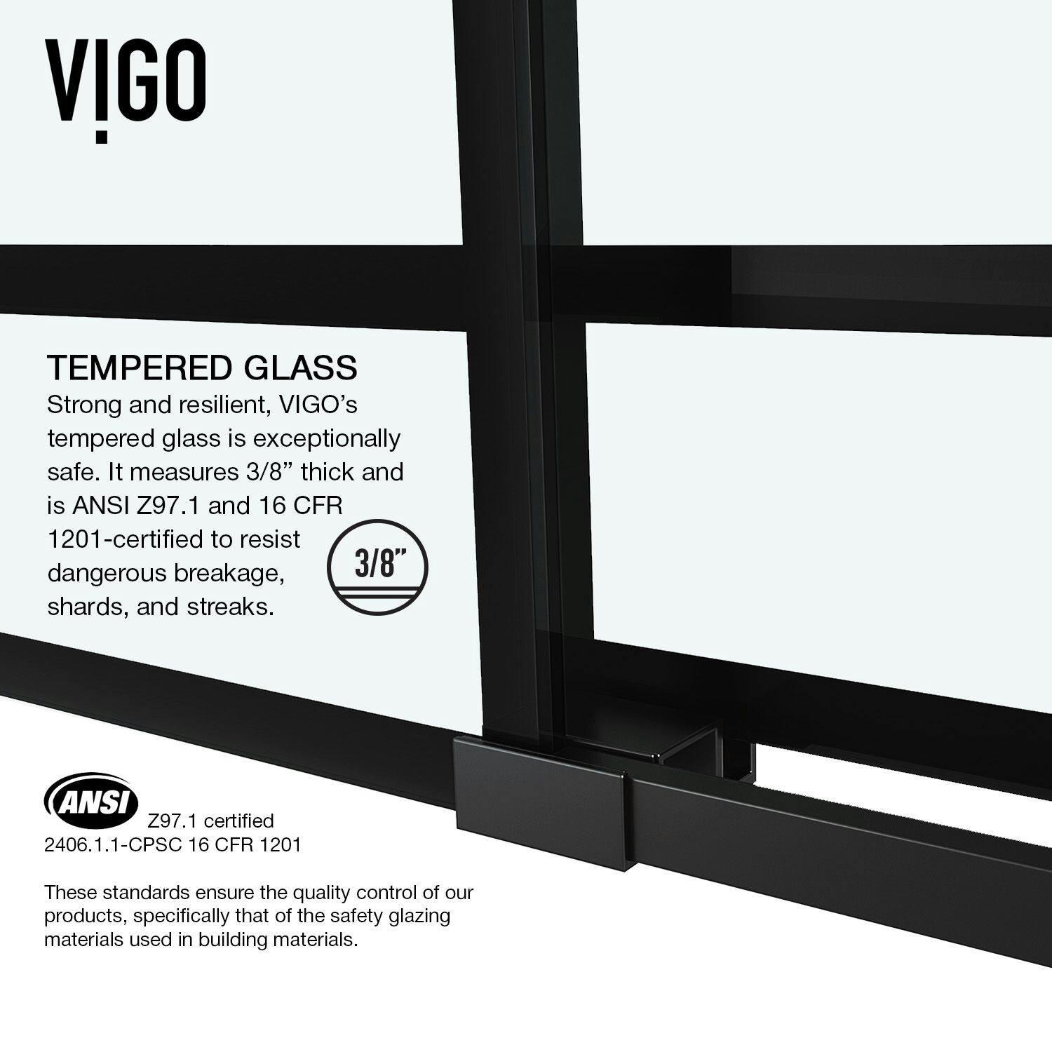 VIGO Elan Frameless Adjustable Sliding Shower Door with Clear Glass & Grid Design, Matte Black, 60x74-in